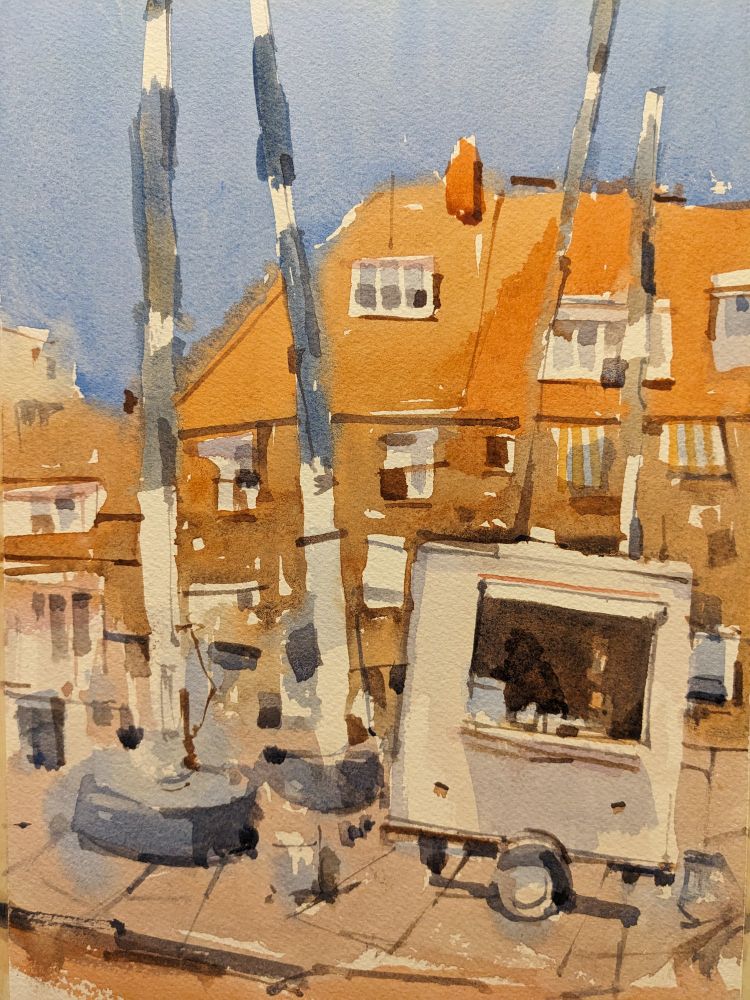 Watercolor painting of a small Loempia Cart in Scheveningen, The Hague. A one-person food card resides on the corner of the marina in Scheveningen. The cart sets, slightly teetered on a cement community square with long poke structures resembling ship masts. In the background are some red roofed, and brown brick facade apartments. A noon-day, blue sky hangs above the scene.