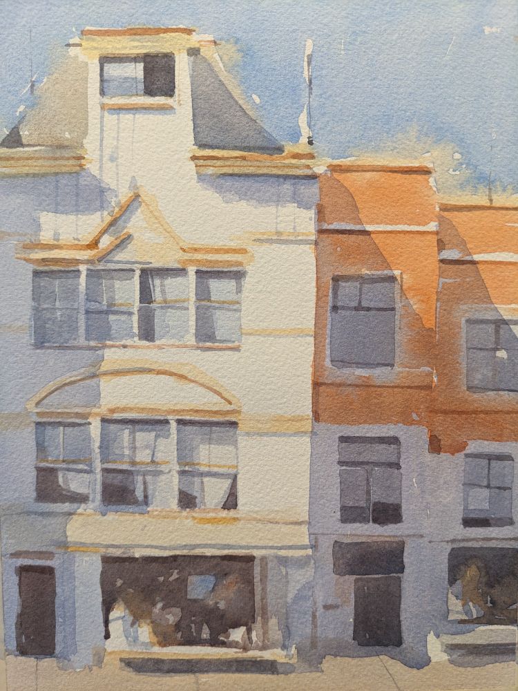 Watercolor painting of buildings along Statenlaan in The Hague. Hazy summer sun in a pale blue sky casts large, angular, purple shadows across two abutted buildings. Each building has multiple upper story apartments and ground floor storefronts. The building on the left is white painted brick with ornate molding above the second and third floor bay windows, which have various shadows drawn and reflecting back the sky. The ground floor storefront window is in a hazy shadow below a half-protracted cream awning. The building on the right is red-orange brick with tall rectangular windows capturing the purple shadow. It's ground floor storefront is also darkened with indescript objects set on its sill.
