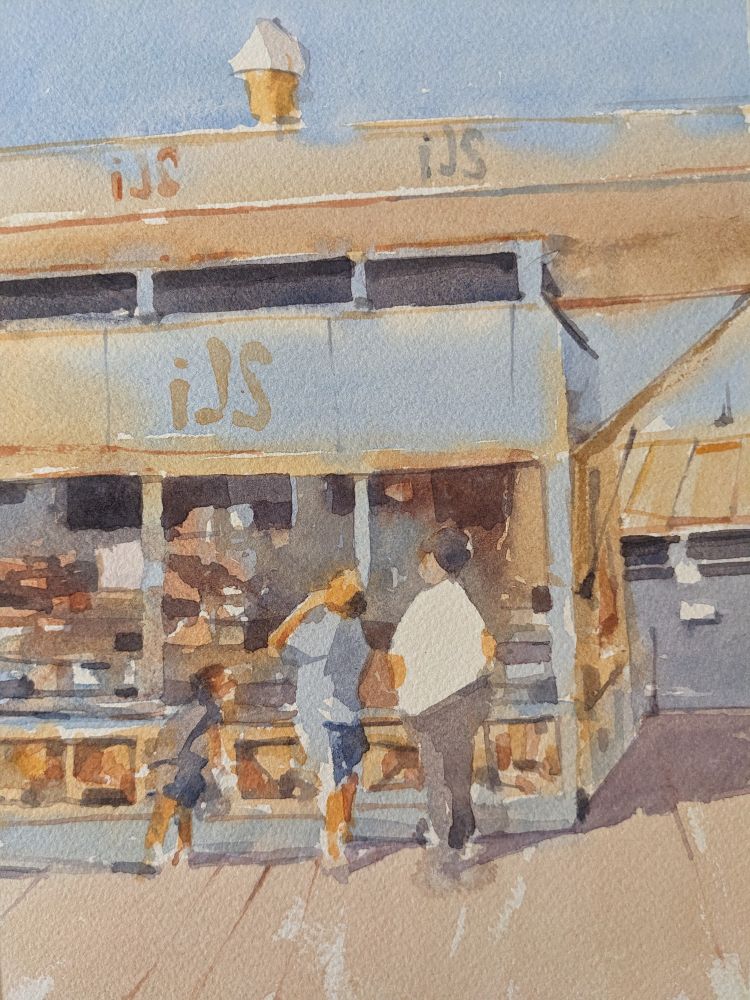 Watercolor painting of a seaside ice cream vendor along the boardwalk in Scheveningen, The Hague. A portable vending cubicle sits in blue metal chrome, its interior in shadows of warm yellow and reds with dark signage. Along the bottom are posters of various food items sold, while in the upper part words read "ijs" (ice cream). A family of three stands at the counter in the foreground, ascending in height from left to right. So many decisions.
