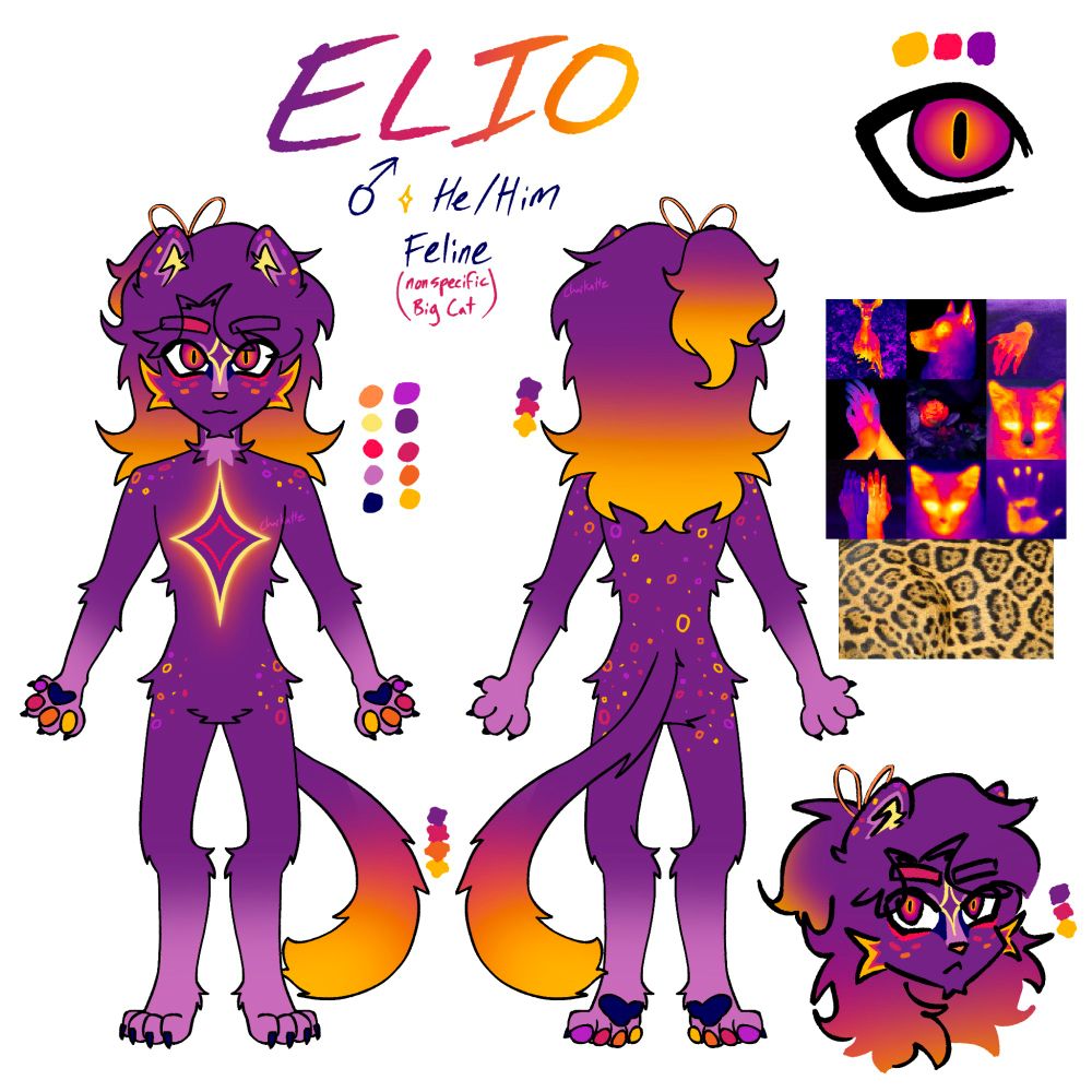reference sheet art of a feline furry character, who is mainly purple with yellow, orange, and pink gradients and markings