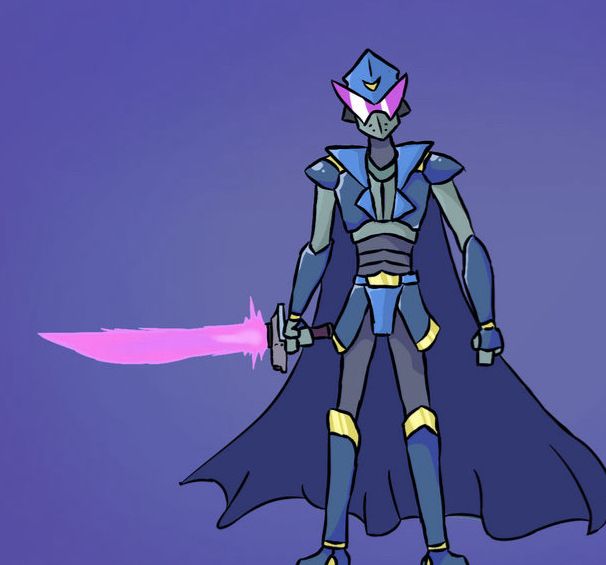 A caped robot figure wielding an energy sword