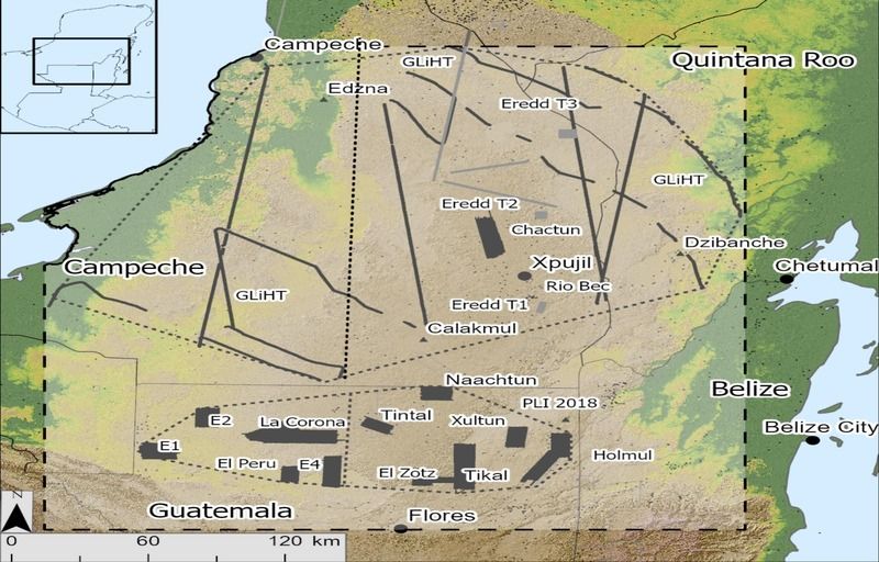 A map of the Maya Lowlands in southern Mexico, western Belize and northern Guatemala with ancient Maya sites marked.