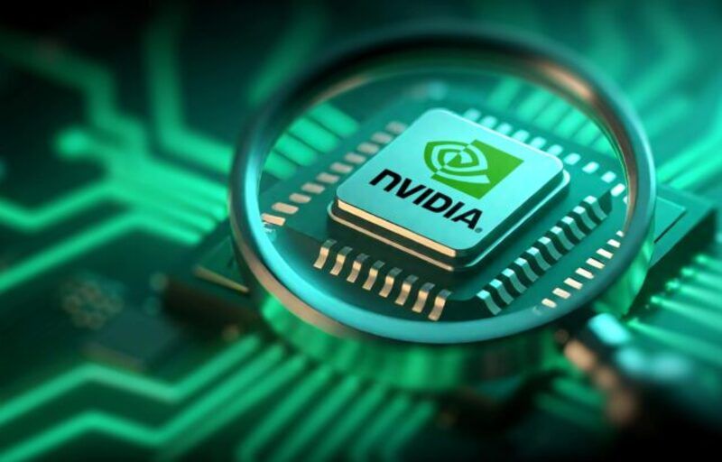 Photo illustration in which an Nvidia chip is seen through a magnifying glass
