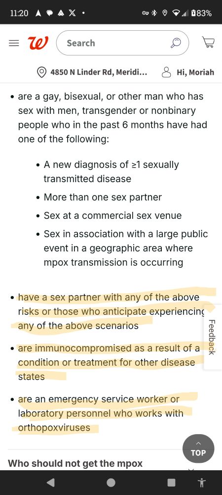 Screenshot of the Walgreens website with mpox vaccine criteria highlighted