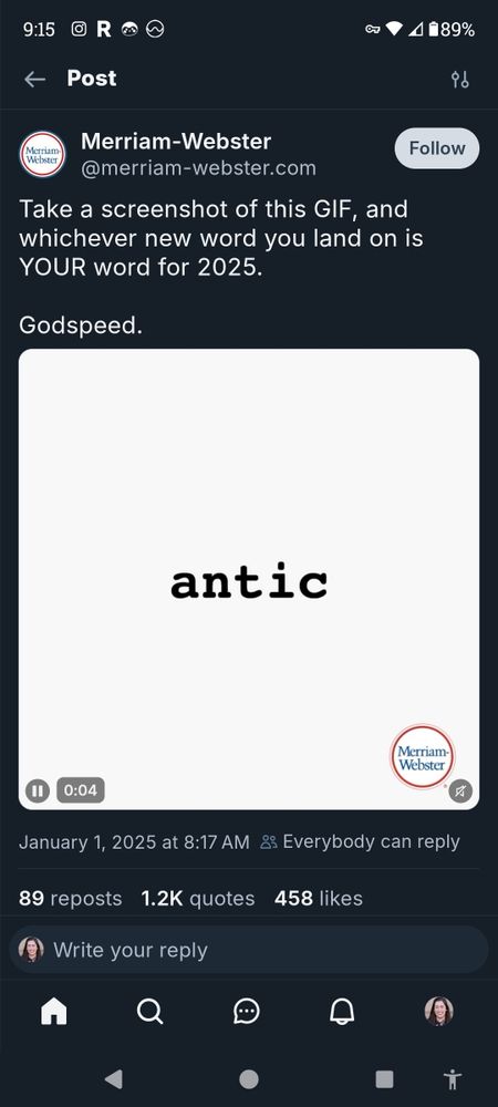 Screenshot of the Merriam Webster word of the day gif which reads "antic"