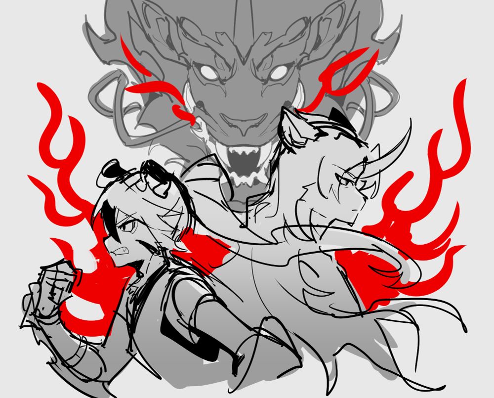 game cover-esque doodle of xiaoling and ranfeng in front of fire and the head of a nian