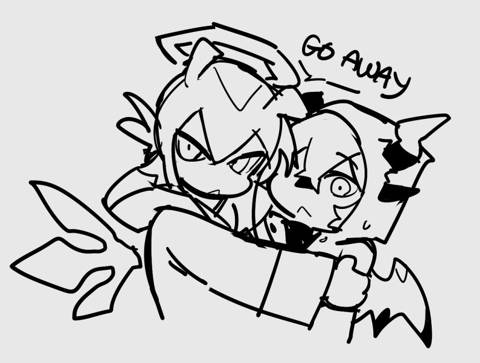 angel!hex angrily telling the viewer to go away while she's holding onto a meek mei. presume yuri