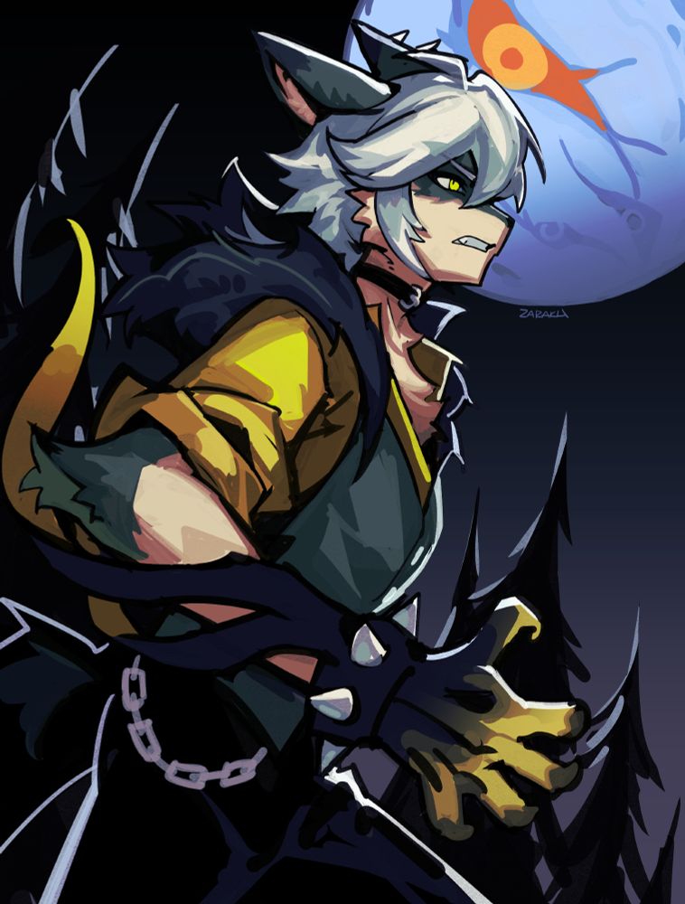 alpha posing in a moonlit forest. the moon gazes downwards with its multiple eyes, the largest of which is orange