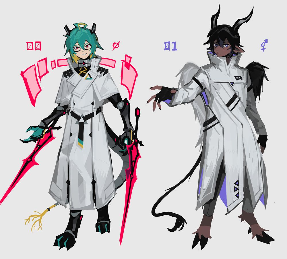 [REDACTED] and younger baphomet in techwear, represented by the numbers 00 and 01