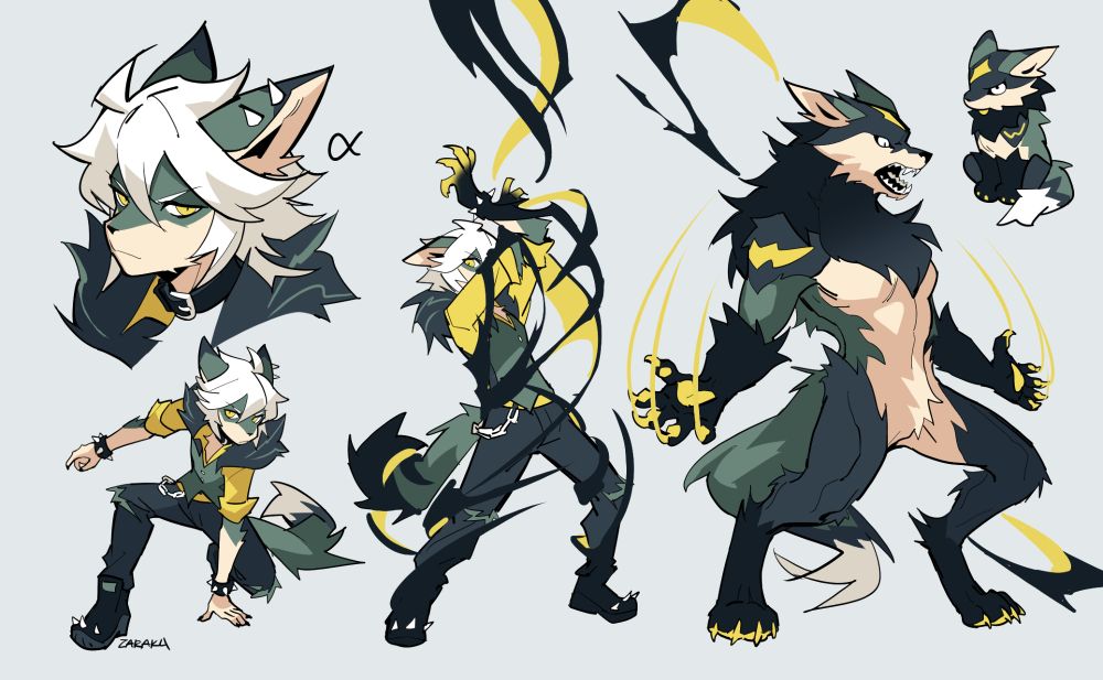 character sheet of Alpha (butch wolf anthro) shifting into her werewolf form. a shadowy substance wraps around her whole body in the process, which she tears apart once the transformation is complete. she is much larger and bulkier in this form.