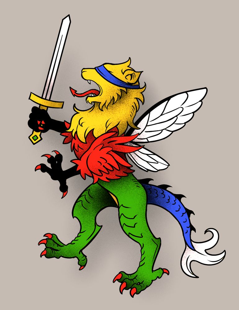 A heraldic chimera (lion head, avian arms and upper body, reptilian lower body, fish tail, insect wings) wearing a blindfold and wielding the sword of justice.