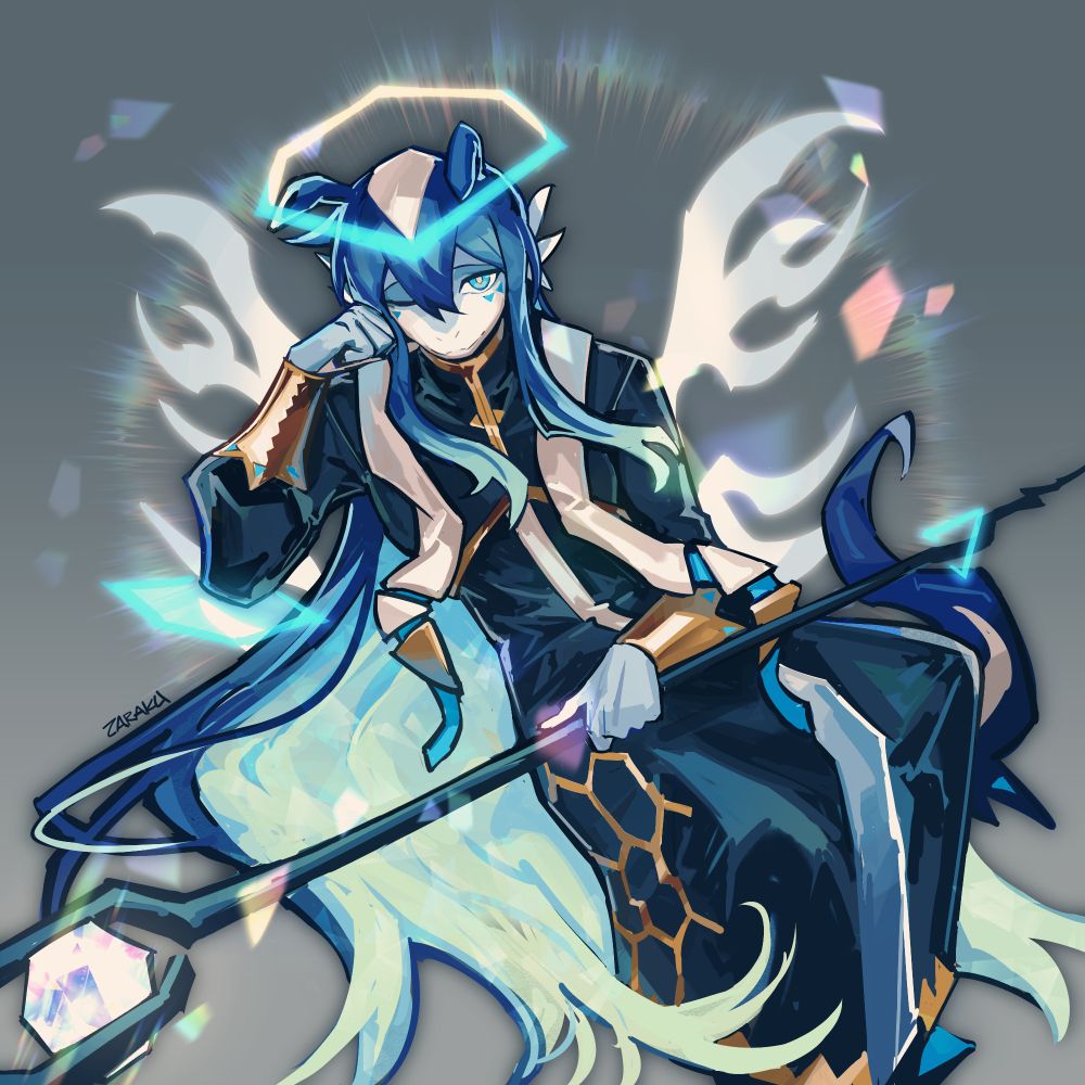 a painting of hex, who's floating while she props up her head with her hand, wearing a grin. her prismatic staff rests on her lap. a rainbow encircles her along with numerous colorful light fragments