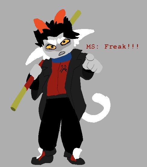 Artwork of a trollsona in the home stuck art style standing with his finger pointing towards the viewer, text next to the character says "MS: freak!!!"