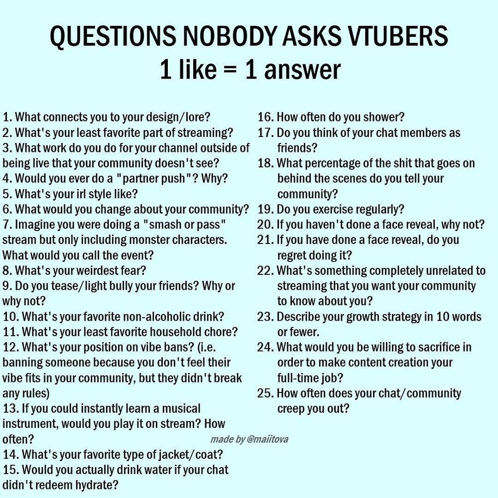 QUESTIONS NOBODY ASKS VTUBERS 1 like = 1 answer 1. What connects you to your design/lore? 16. How often do you shower? 2. What's your least favorite part of streaming? 17. Do you think of your chat members as 3. What work do you do for your channel outside of friends? being live that your community doesn't see? 18. What percentage of the shit that goes on 4. Would you ever do a "partner push"? Why? behind the scenes do you tell your 5. What's your irl style like? community? 6. What would you change about your community? 19. Do you exercise regularly? 7.Imagine you were doing a "smash or pass" 20. Ifyou haven't done a face reveal, why not? stream but only including monster characters. 21. If you have done a face reveal, do you What would you call the event? regret doing it? 8. What's your weirdest fear? 22. What's something completely unrelated to 9. Do you tease/light bully your friends? Why or streaming that you want your community why not? to know about you? 10. What's your favorite non-alcoholic drink? 23. Describe your growth strategy in 10 words 11. What's your least favorite household chore? or fewer. 12. What's your position on vibe bans? (i.e. 24. What would you be willing to sacrifice in banning someone because you don't feel their order to make content creation your vibe fits in your community, but they didn't break full-time job? any rules) 25. How often does your chat/community 13. If you could instantly learn a musical creep you out? instrument, would you play it on stream? How often? 14. What's your favorite type of jacket/coat? 15. Would you actually drink water if your chat didn't redeem hydrate? 