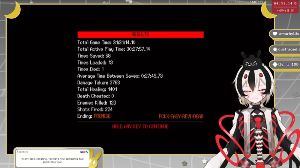 Screenshot of Nox's stream, Signalis Results screen with ending PROMISE.