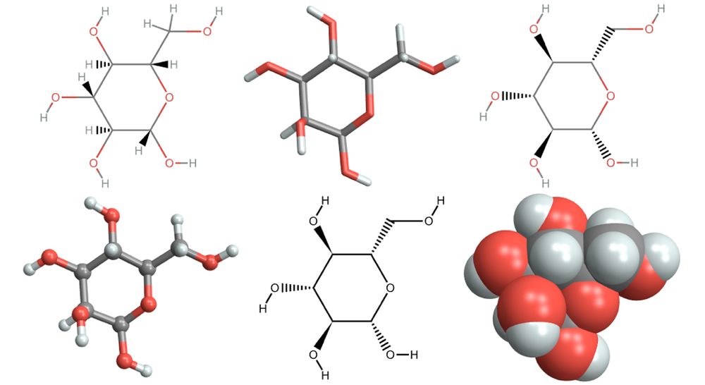Multiple 2D and 3D structures of the cyclic form of glucose obtained using Wolfram Language code.