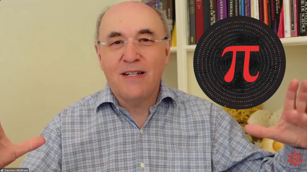 Photo of Stephen Wolfram with his hands open. Between his hands, there is a black circle with a large red pi symbol in the middle. Surrounding the pi symbol is a multitude of numbers from pi in red and white.