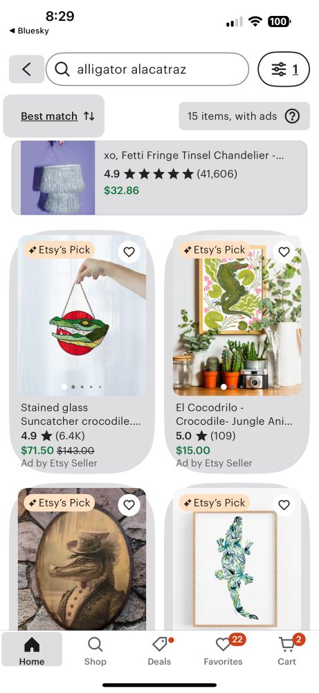 A screenshot of Etsy search for alligator Alcatraz with no results. 