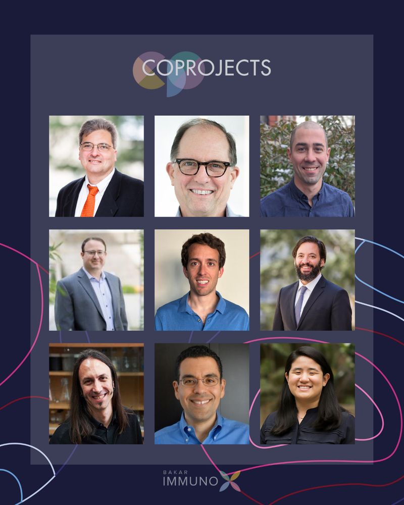 Graphic with a dark purple background and a transparent white rectangle centered. Inside the rectangle: the CoProjects logo at the top, followed by three rows of headshots of award recipients, and the Bakar ImmunoX logo at the bottom.

First row (L to R): Andrei Goga (MD, PhD), Joel Ernst (MD), Matt Kutys (PhD)

Second Row (L to R): Trevor Fidler (PhD), Peter Bruno (PhD), Adam Oskowitz (MD, PhD)

Third Row (L to R): Chris Allen (PhD), Mark Ansel (PhD), Monica Tang (MD)

Visit our Instagram for more information about their projects: @ucsf_immunox

For more information about the ImmunoX CoProjects, check out our website: immunox.ucsf.edu/coprojects