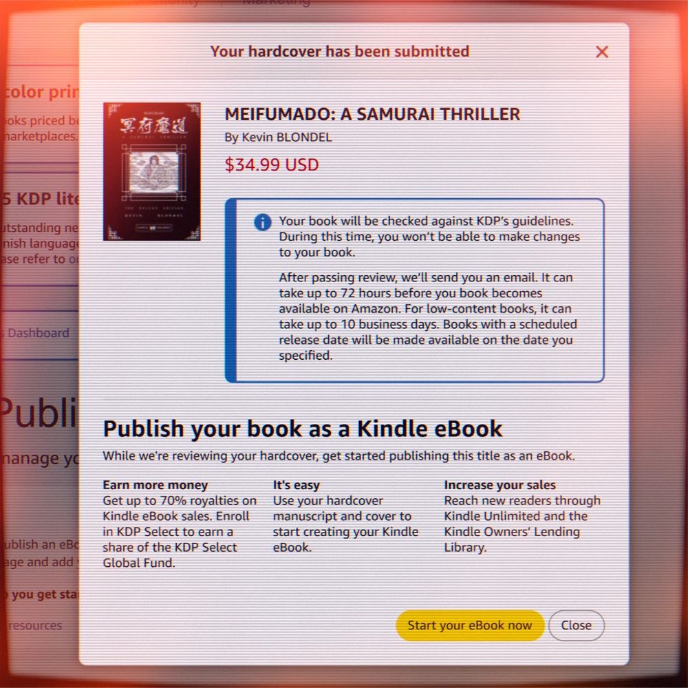 I chose Amazon as the exclusive distributor of the complete edition of MEIFUMADO - A SAMURAI THRILLER because of the many benefits they offer independent authors.- Royalties of 30% for Hardcover and 70% for eBooks ;- A print-on-demand service that frees me from any responsibility for storing and shipping the books to readers ;- A customer service that handles any issues related to book production and delivery ;- The possibility of providing me with stock at production cost to sell at conventions.However, all chapters of the graphic novel are available individually on Rakuten KOBO, Amazon, Barnes & Noble, and Google Play !