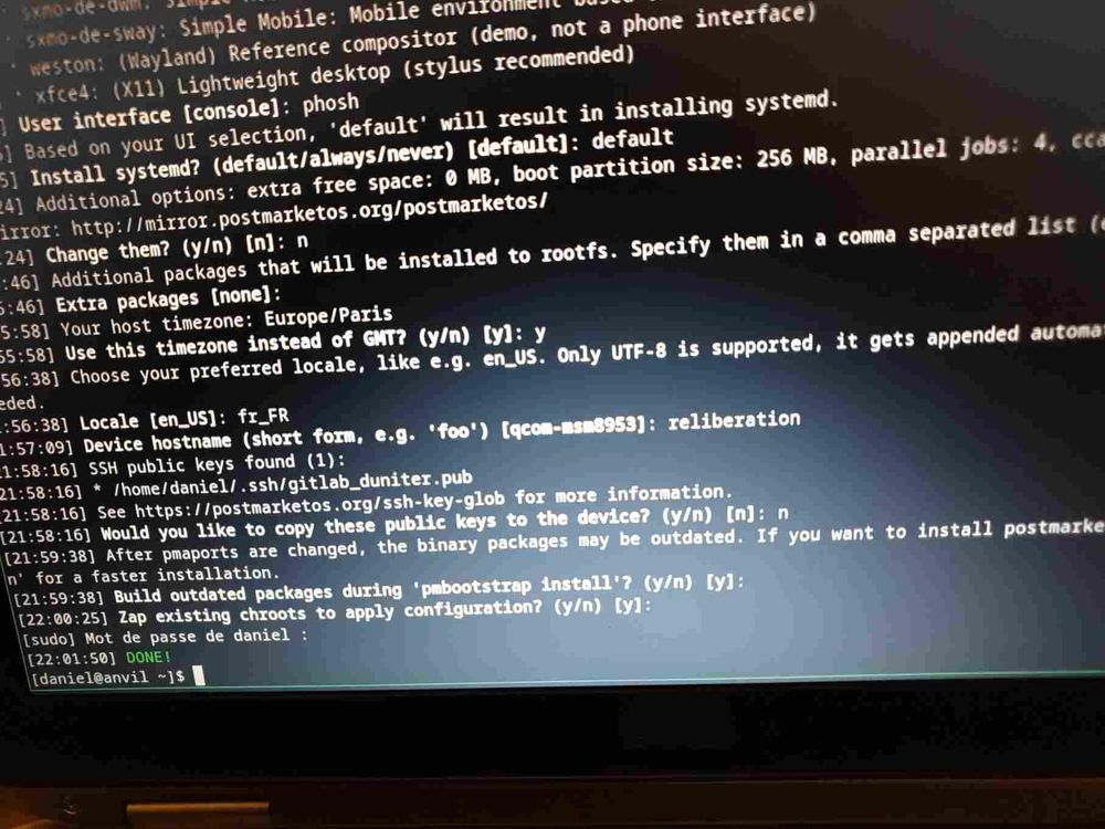After typing password, pmbootstrap displays a light green DONE!