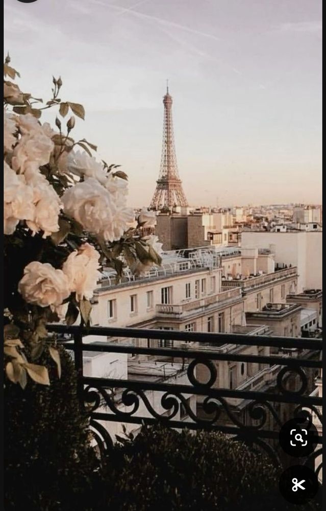 Picture of the Eiffel tower from a balcony