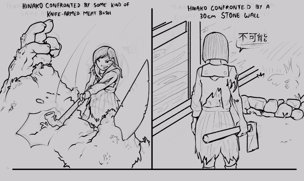 Two panel comic of Hinako from Silent H eff

Panel 1: Hinako Confronted By Some Kind Of Knife-armed Meat Bush
Hinako is aggressively bashing a large monster with a piece of pipe

Panel 2: Hinako Confronted By A 30cm Stone Wall
Hinako standing from behind, looking at a short stone wall blocking her path ahead. She is saying "不可能" ("Impossible.")