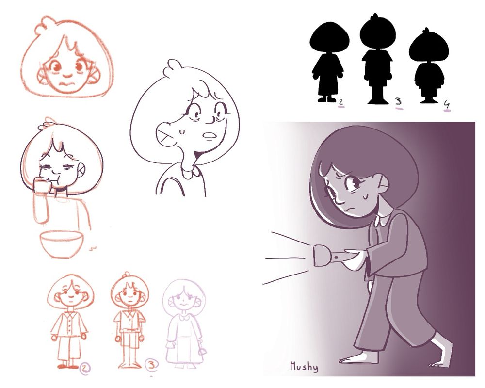 Research sheet including faces, silhouettes, expression, 3 different design and the character in different situations. 

The character is a little girl, with a round haircut, in a pyjama. She’s holding a torch in one of the drawing and she’s eating cereal in an other.