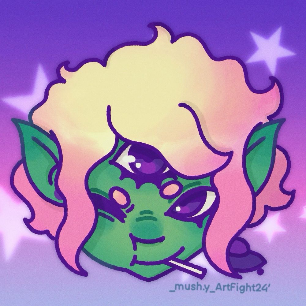 Example of Icons commission (Original design of Allen by Stardustrash on Artfight) : We can see the head of a three eyed alien with yellow and pink wavy hair. They’re sucking a lollipop and wear a UFO earring.