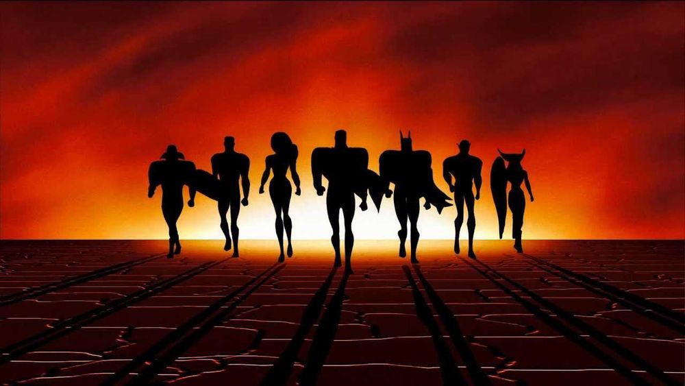 DC Comics Justice League Animated Series opening with it's lineup of characters in silhouette.