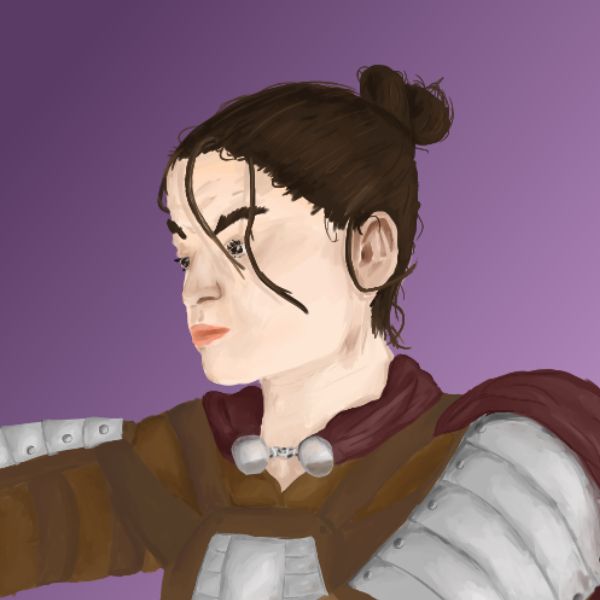 A zoomed in version of the illustration from the previous post. A closer look at Fien's face. She has a serious but neutral expression. A lot of wispy hairs can be seen protruding her high bun.