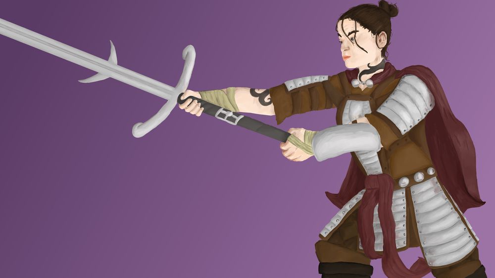 Digital illustration of Fien, an OC of Redox's. She had dark brown hair tied up in a tight bun, a few strands escaped and fall in front of her face. She has very pale white skin. She wears Splint mail armour with lots of metal plates and leather straps as well as bandages on her hands and wrists. She has a short red cape on her back and a sash of the same colour on her belt line. She holds a greatsword zweihander style weapon and is in an offensive pose with it.
The background is a purple gradient.