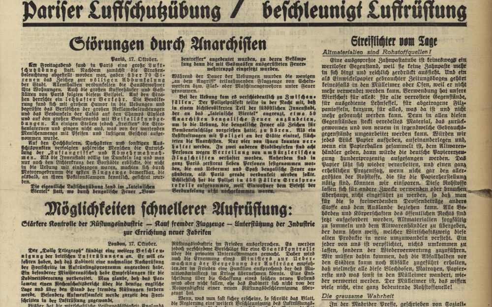 Leitartikel auf der Titelseite der Bergedorfer Zeitung am 17. Oktober 1936 lassen den Zusammenhang zwischen Rohstoffsammlung und Rüstungswahn erahnen. Die Spalte rechts beginnt mit dem Satz: "Eine ausgepreßte Zahnpastatube ist keineswegs ein wertloser Gegenstand, weil sie keine Zahnpaste mehr in sich birgt und reichlich zerdrückt aussieht." Im Artikel links unten geht es um die "Möglichkeiten schnellerer Aufrüstung" 
Wer gern in historischen Zeitungen recherchiert gehe auf die Seiten der Hamburger SUB: zeitungen.sub.uni-hamburg.de
