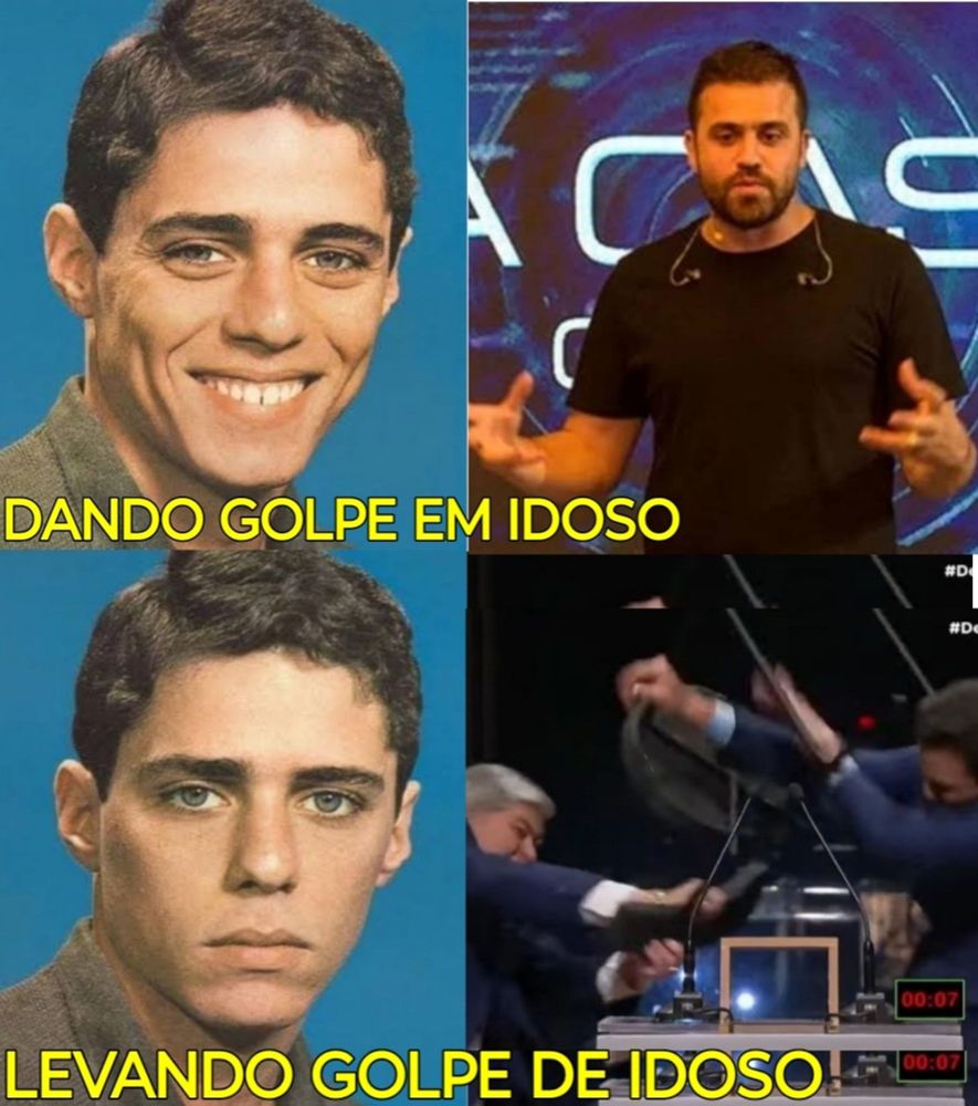 Meme do álbum de Chico Buarque caçoando Marçal. Primeira cena temos Chico rindo com o texto "dando golpe em idoso". Na segunda cena temos Chico triste com o texto "levando golpe de idoso"