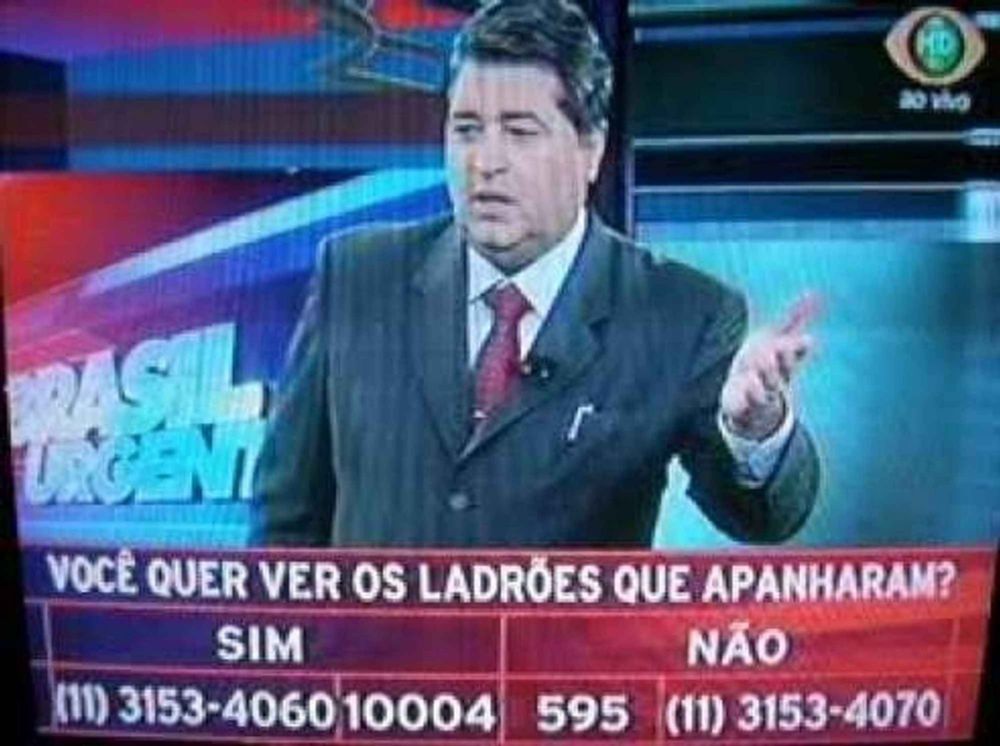 Cena do Brasil urgente com votação popular perguntando se o público quer ver ladrões que apanharam