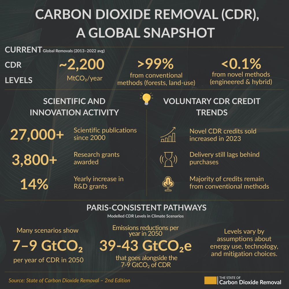 Infographic titled "Carbon Dioxide Removal (CDR), A Global Snapshot" from the State of Carbon Dioxide Removal – 2nd Edition.

It shows four key areas:

1. Current CDR Levels (2013–2022 average):

• ~2,200 MtCO₂/year removed
• 99% from conventional methods (forests, land use)
• <0.1% from novel methods (engineered & hybrid)

2. Scientific and Innovation Activity:

• 27,000+ scientific publications since 2000
• 3,800+ research grants awarded
• 14% yearly increase in R&D grants

3. Voluntary CDR Credit Trends:

• Novel CDR credit sales increased in 2023
• Delivery still lags behind purchases
• Most credits are from conventional methods

4. Paris-Consistent Pathways:
• Many scenarios show 7–9 GtCO₂/year of CDR needed by 2050
• Alongside 39–43 GtCO₂e in emissions reductions
• Assumptions vary by energy use, technology, and mitigation strategies

Infographic source: State of Carbon Dioxide Removal – 2nd Edition