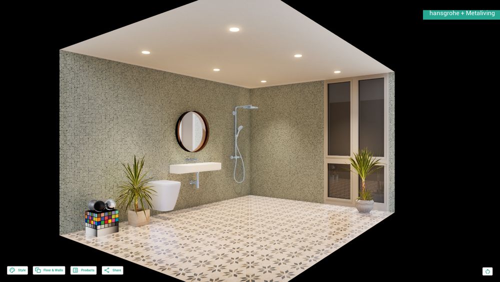 A 3d room showcasing different bathroom appliances with the ability to rotate around and change out different elements such as material and 3d meshes.