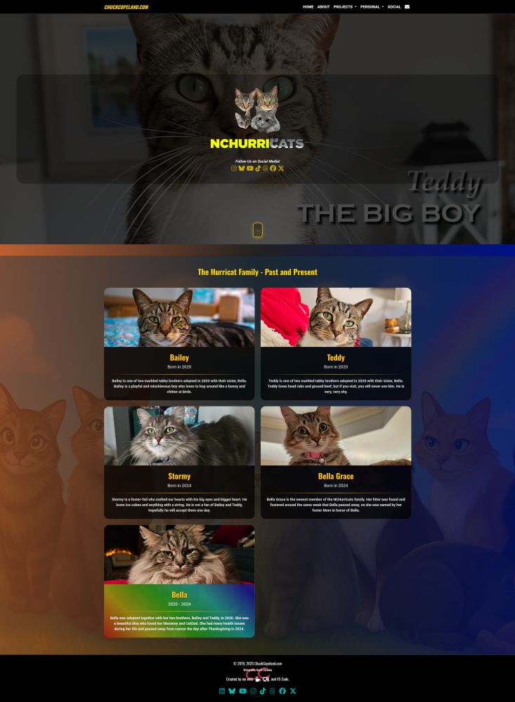Screenshot of our new web page, created by our CatDad. It shows our logo, our social media links, and photos of each of us that links to a page with photos. #cat #catsky #catsofbluesky #hedgewatch #webdesign #catlover 