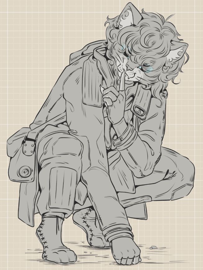 full body art of a cat ninja in star wars inspired rebel clothing in a crouching position. their hair is almost hiding blue shining eyes and their are gesturing you to be quiet.