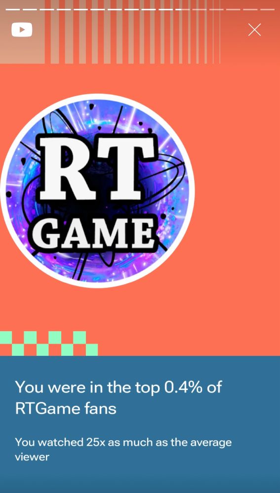 Youtube Gaming Rewind screenshot which says “You were in the top 0.4% of RTGame fans. You watched 25x as much as the average viewer.”
