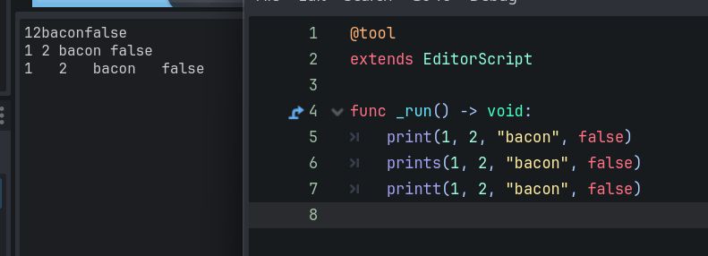 An example of three different print methods running in the Godot editor, each printing a sequence of "1, 2, bacon, false" but with differently formatted output.