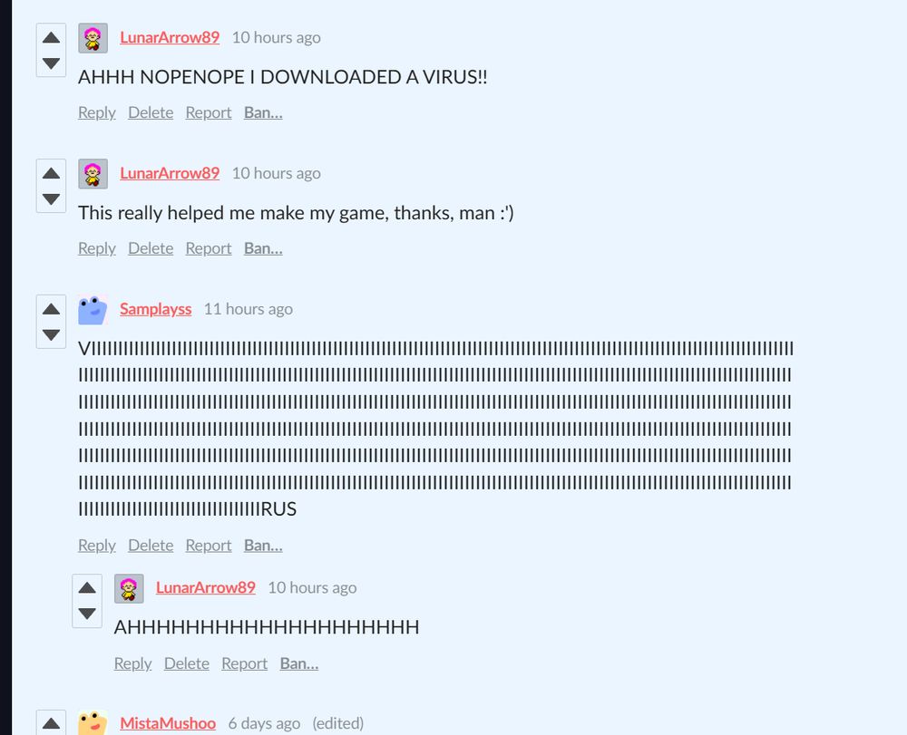 A screenshot of a comments section with several comments mentioning a virus being distributed with the download. One user even leaves a positive comment only to follow it up with an all caps mention of a virus.