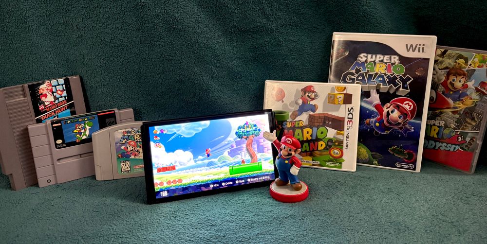 Super Mario Bros., Super Mario World, Super Mario 64, Super Mario Bros. Wonder, Super Mario 3D Land, Super Mario Galaxy, and Super Mario Odyssey.