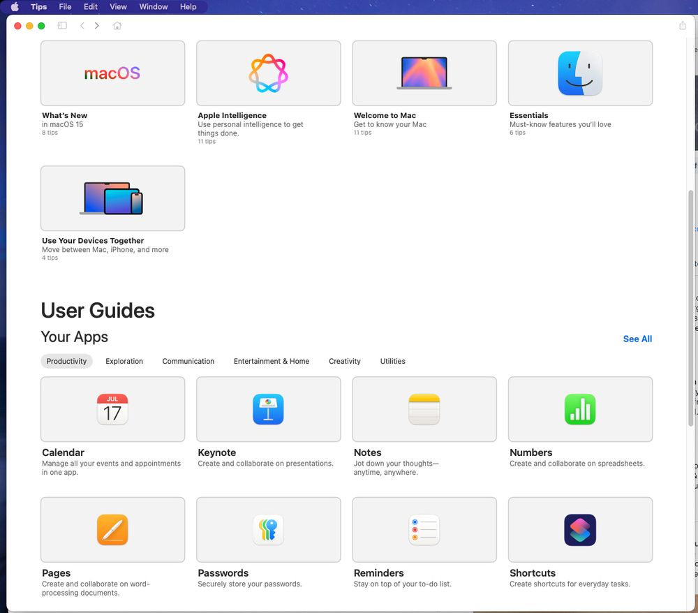 screen shot of the macOS Tips app showing User Guides for different apps