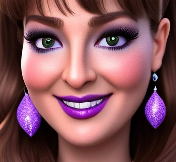 cropped and close-up AI-generated image of Melissa wearing purple teardrop shaped earrings, purple lipgloss, a silver necklace and pearl pendant, reddish brown shoulder length hair with bangs, heavy contoured makeup, green eyes, purple mascara and purple eyeliner