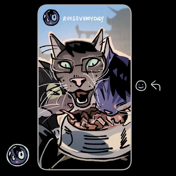 yukio, rin, and kuro as cats fighting to eat wet food off of a food bowl on wheels