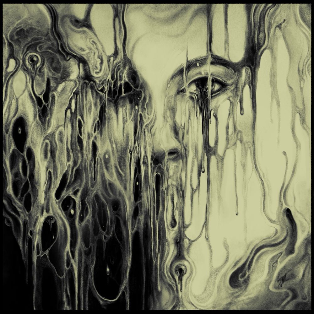 A drawing of a human face that is heavily distorted, dripping, melting. One eye of the face is visible behind all of this distorted imagery, with a few errant eyes popping up from within the piece itself. Drawn from start to finish in Procreate.