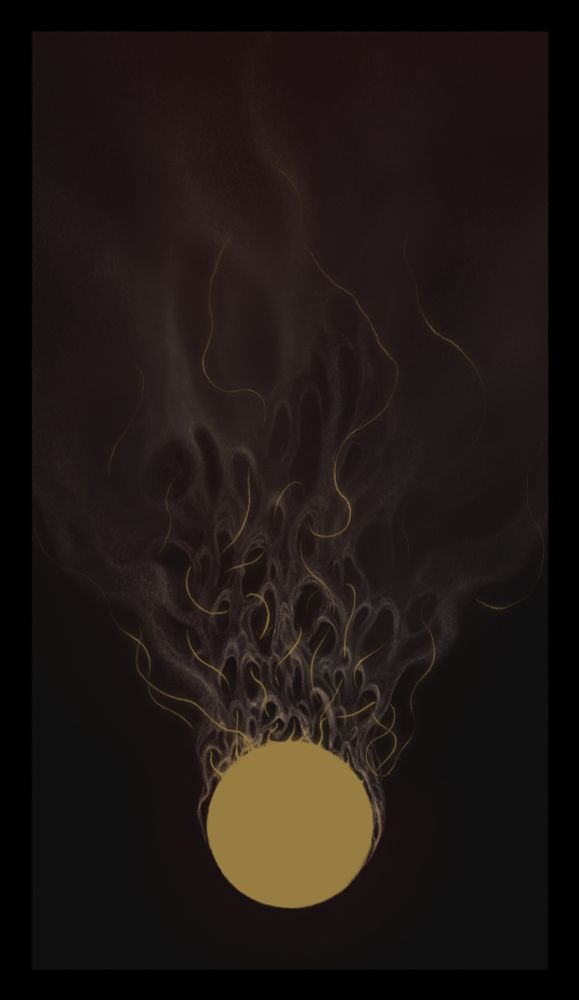 A golden yellow sun, with threads emanating outward, weaving in and out of a formation of solidified smoke that slowly becomes amorphous as it reaches outward. The drawing itself has a dark brownish hue, to contrast the golden sun and interweaving threads.