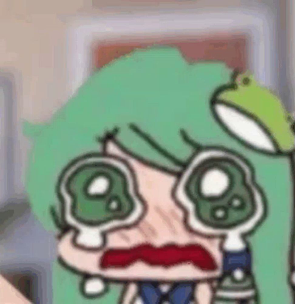 a cartoon of a girl with green hair and a frog on her head .