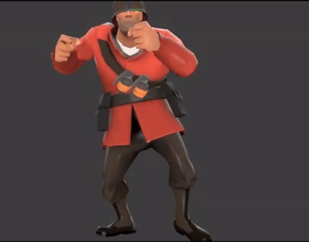 a cartoon soldier in a red jacket and black pants is dancing